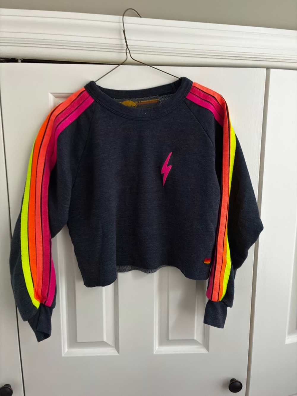 Aviator Nation Navy Cropped Sweatshirt with Neon Pink, Orange & Yellow Stripes